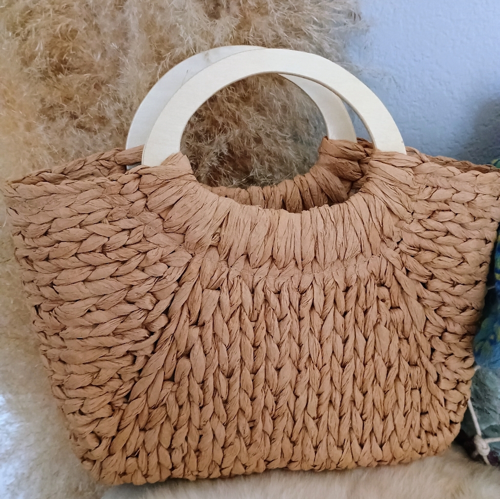 Handcrafted Tan Woven Bag with Wooden Handles